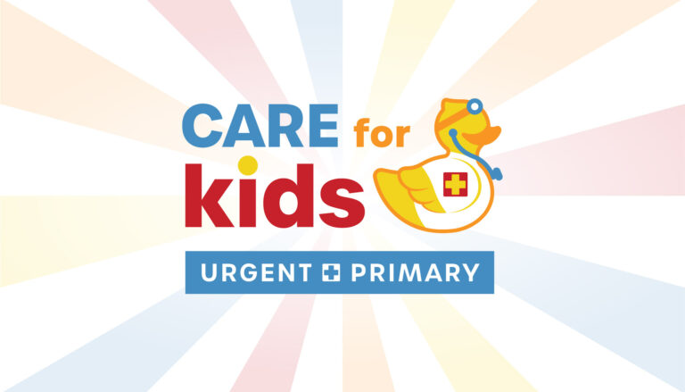 Care for Kids } Urgent + Primary New Logo on top of image of happy young boy with mother as doctor uses stethoscope on the boy's chest.