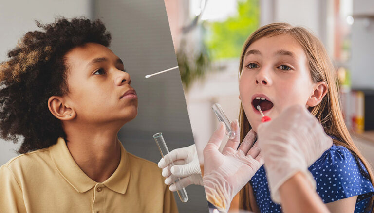 Collage of boy getting nasal swab for influenza and girl getting throat swab for strep